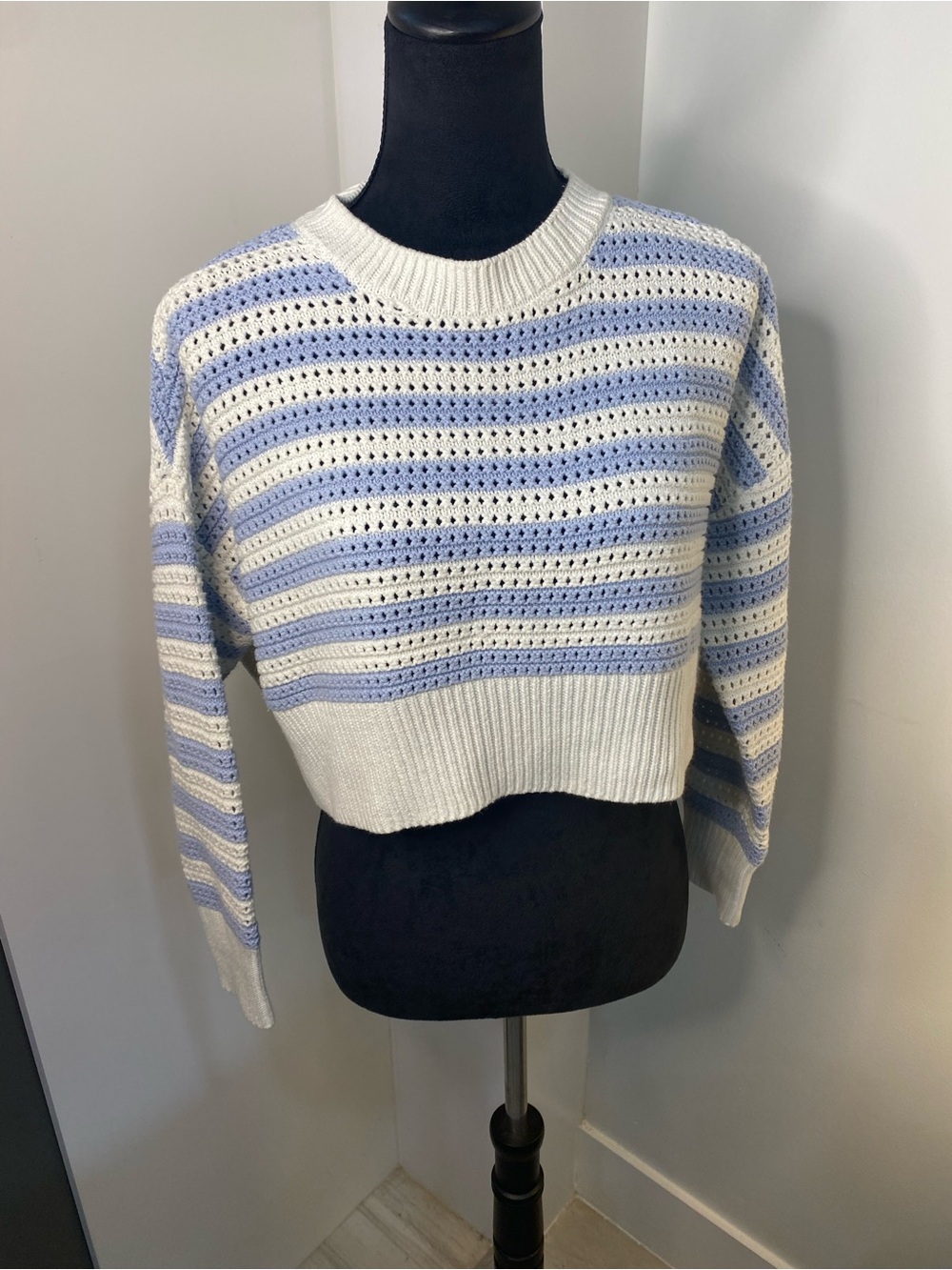 Jessica Simpson Cream and Light Blue Striped Open-Knit Crewneck Sweater